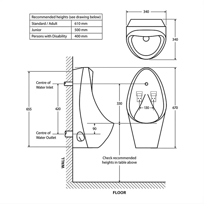 670*340*340mm Fienza Gloss White Isabella Back Inlet Wall Hung Urinal