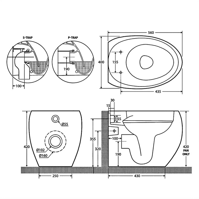 560*400*420mm Fienza RAK Cloud  Rimless Matt White/Black Wall Faced Toilet
