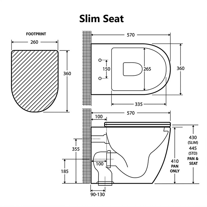 570*360*430mm Fienza KoKo Matt Black Tornado Rimless Ceramic Wall Faced Toilet