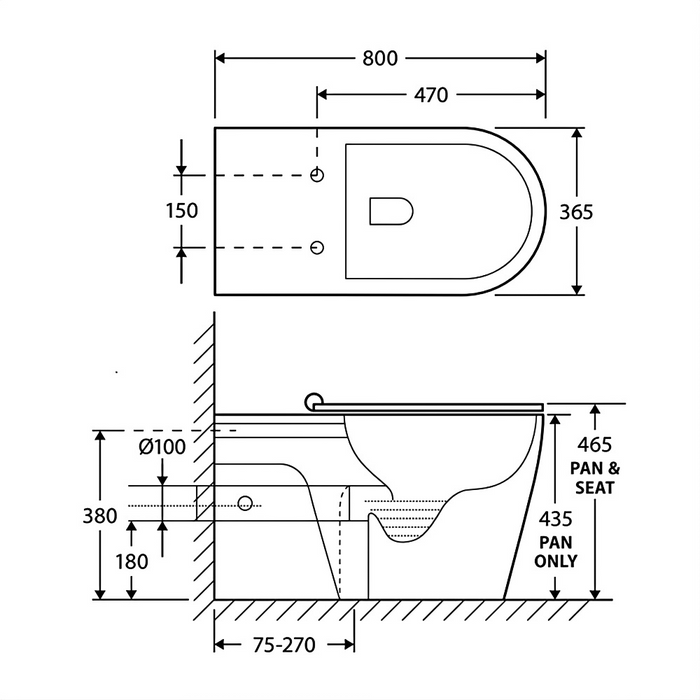 800*365*465mm Fienza Isabella Care Rimless Grey/White Seat Wall Faced Toilet