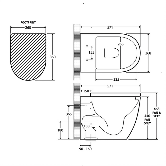 571*368*465mm Fienza Alix Ambulant Gloss White  Rimless Wall-Faced Toilet