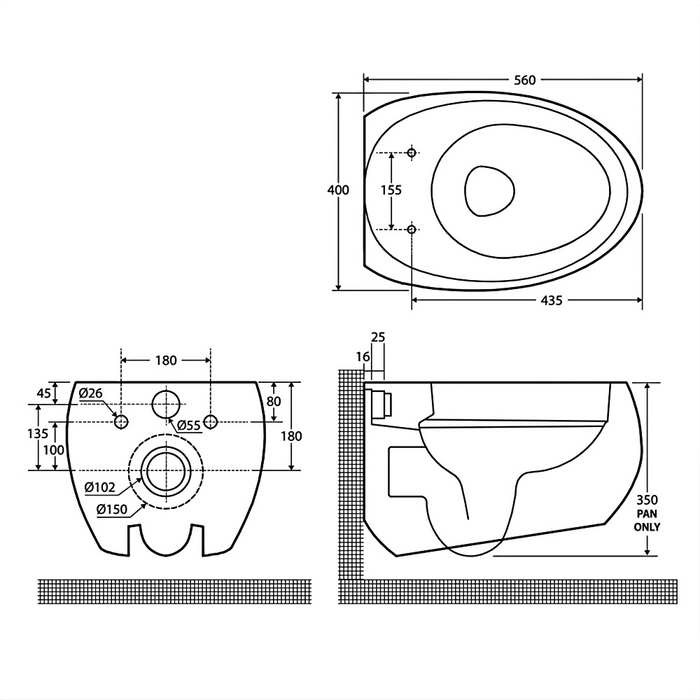 560*400*350mm Fienza RAK Cloud White/Black Rimless Wall Hung Toilet