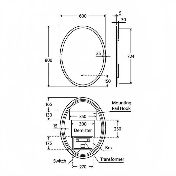 600*800*5mm Fienza Antonia Oval Touch Sensors Framed LED Mirror