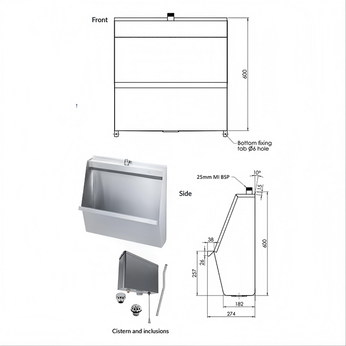 600/900/1200/1500/1800/2400mm 3monkeez Stainless Steel Standard Wall Hung Urinal With Complete Kit