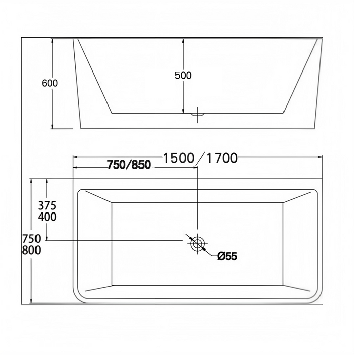 1500/1700*800*600mm Sunny Gloss White Rectangle Acrylic Back To Wall Bathtub