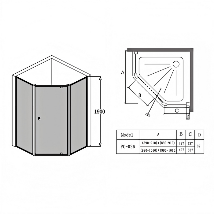 900-1000mm Covey  Semi-Frameless Diamond Pivot Door 6mm Tempered Glass Shower Screens - 2000mm Height