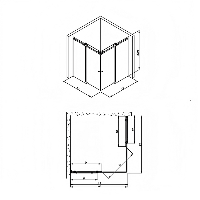 870-1450mm Covey Frameless L Shape Matt Black Fitting Double Corner Sliding Doors 10mm Thickness Glass Shower Screen - 2000mm Height