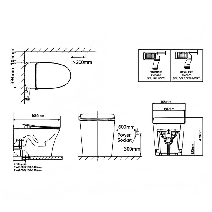 684*403*470mm Lafeme Neovanta White Cisternless Wall Faced Smart Toilet