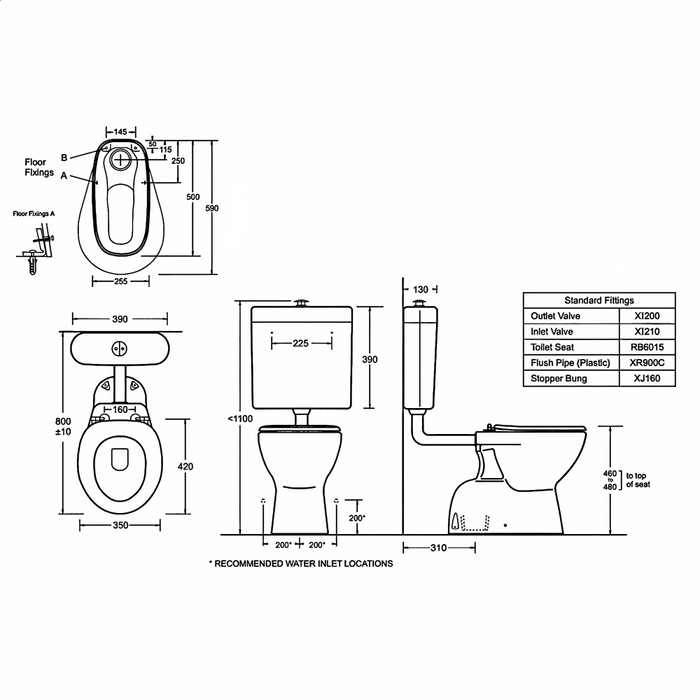 800*390*1100mm Johnson Suisse Select Assist Dlxe Plastic Link Toilet Suite