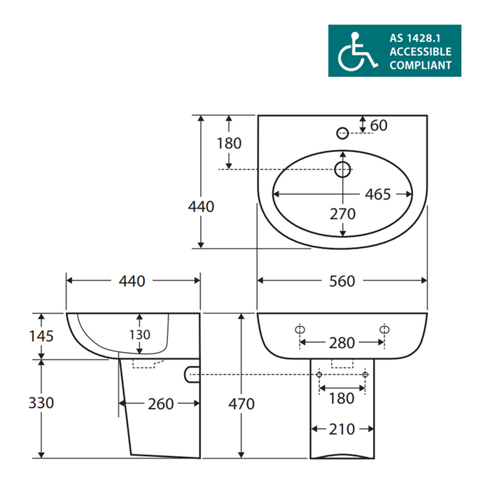 560*440*470mm FIE Stella Care Gloss White Wall Basin With Integral Shroud