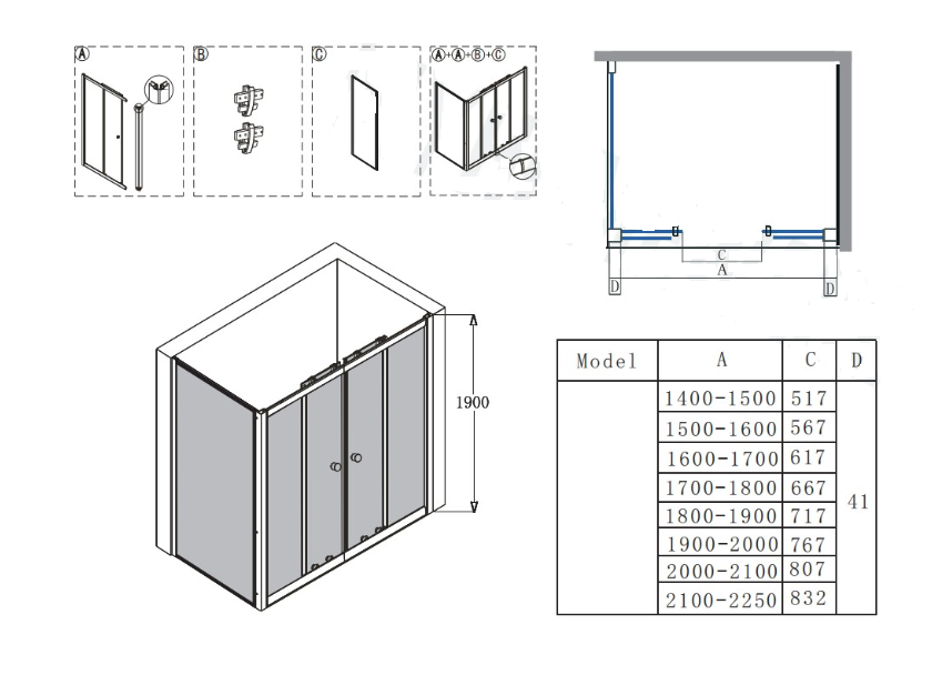 1400-2250*2000mm L Shape Double Sliding Black Semi-frameless Shower Screens - HD reno