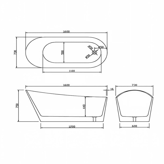 1600*730*750mm Sunny 175 Gloss White Special Shape Acrylic Freestanding Bathtub