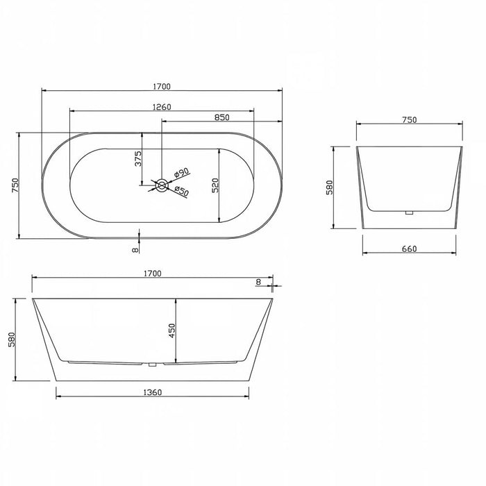 1500/1700*700*580mm Sunny 179 Gloss White Oval Acrylic Freestanding Bathtub