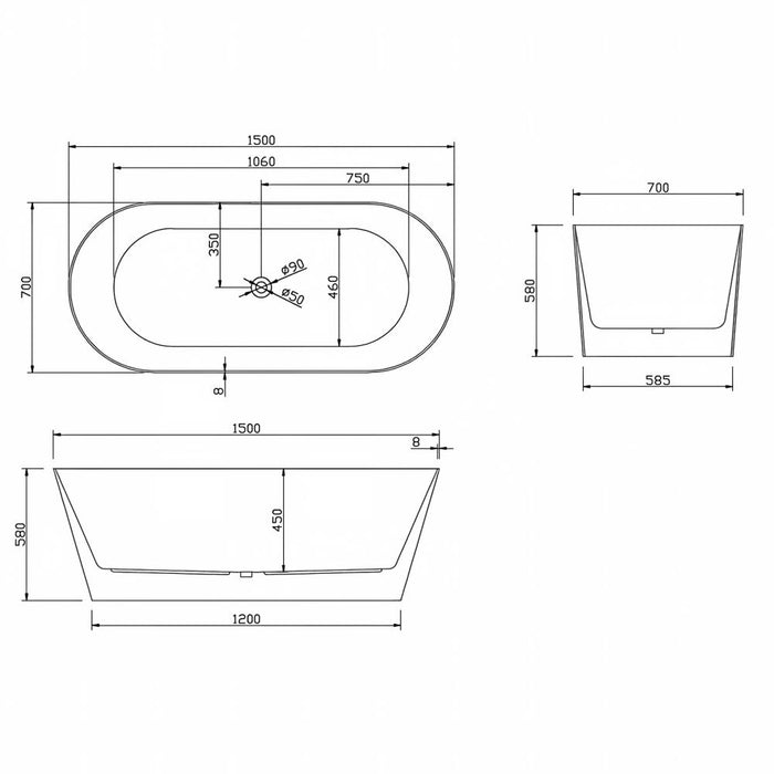 1500/1700*700*580mm Sunny 179 Gloss White Oval Acrylic Freestanding Bathtub