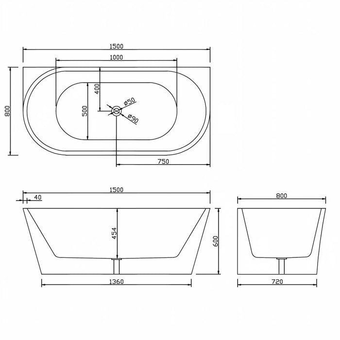 1400/1500/1700*800*600mm Sunny Gloss White Oval Thin Edge Back To Wall Bathtub