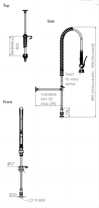 Stainless Steel Hob Mount Pre Rinse Unit - No Stops