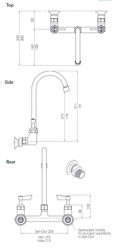 Stainless Steel Exposed Dual Wall Mount Body with Gooseneck Swivel Spout - HD reno