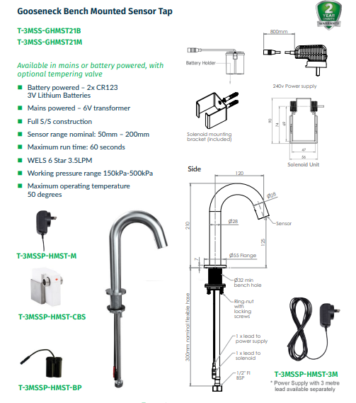 Gooseneck Hob Mounted Infrared Sensor Tap. Mains Operated