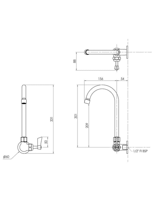 Stainless Steel Single Wall Mount Body with Single Control and Gooseneck Swivel Spout - HD reno