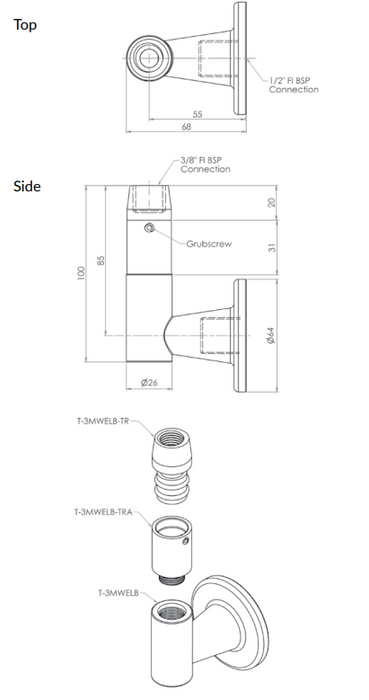 Stainless Steel Wall Elbow - 1/2" FI BSP inlet. 3/8" FI BSP Riser Connection