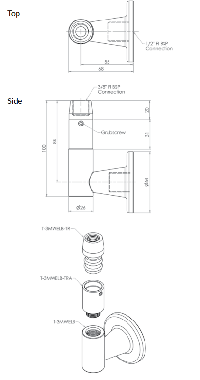 Stainless Steel Wall Elbow - 1/2" FI BSP inlet. 3/8" FI BSP Riser Connection - HD reno