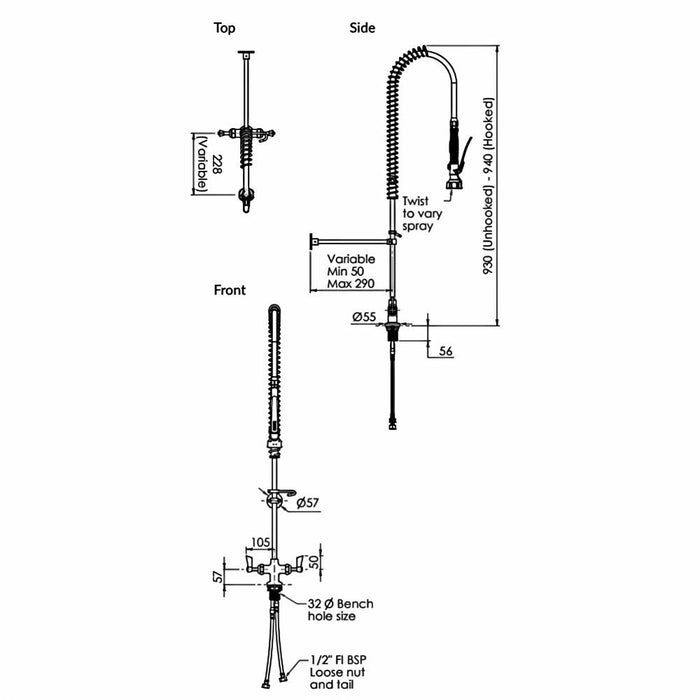 3monkeez Stainless Steel Dual Bench Mounted Pre Rinse Unit