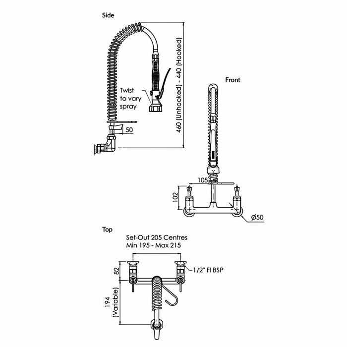 3monkeez Compact Stainless Steel Exposed Wall Mounted Pre Rinse Unit