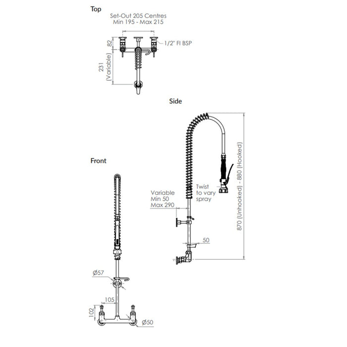 3monkeez Stainless Steel Exposed Wall Mount Pre-Rinse Unit