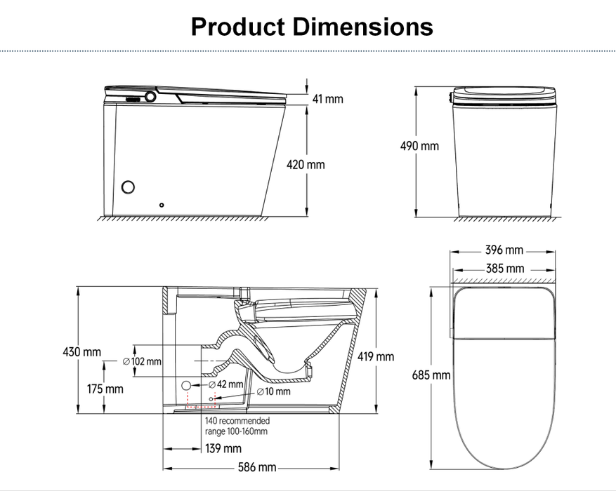 396*686*490mm Sunny Round Cistern-Integrated NightLight Antibacterial Remote Control Smart Toilet