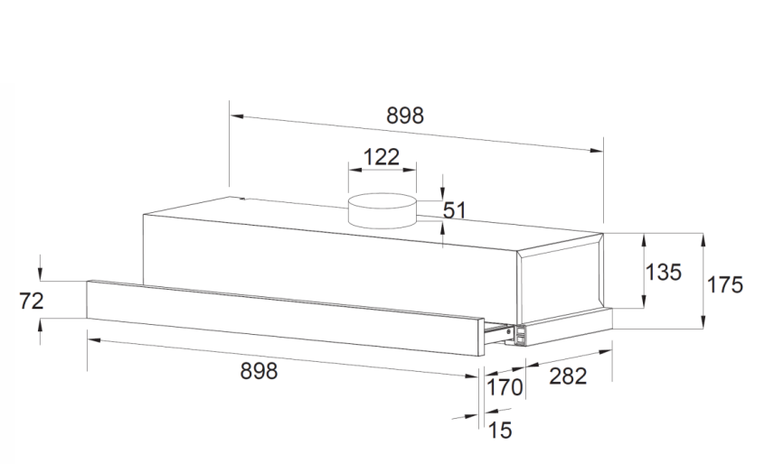 900mm Stainless Steel Telescopic Rangehood Ducted or Recirculating (72mm Fascia)