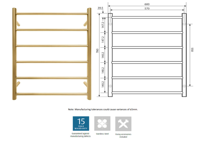 600*780*120mm Wall Mounted PVD 304 Stainless Steel Non-Heated Towel Rails - 6 Bar Round Brushed Gold