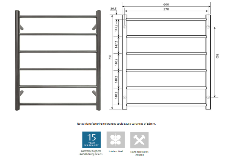 600*780*120mm Wall Mounted PVD 304 Stainless Steel Non-Heated Towel Rails - 6 Bar Round Brushed Gun Metal Grey