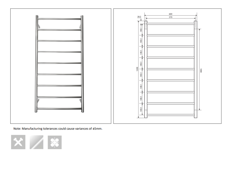 600*1200*120mm Wall Mounted Stainless Steel Non-Heated Towel Rails - 9 Bar Hand-polished Mirror Finish