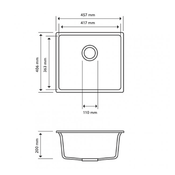 457*406*200mm ACA Concrete Grey Carysil Granite Square Single Bowl Kitchen Sink