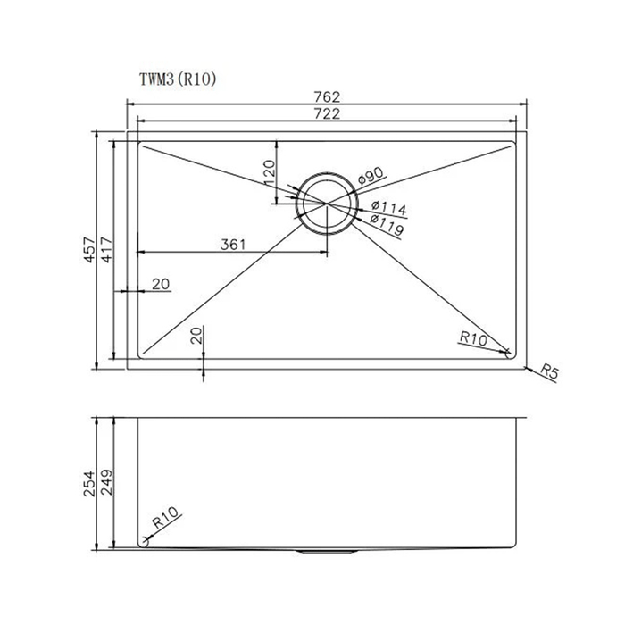 762*457*254mm ACA 1.2mm Stainless Steel PVD Coating Round Corner Single Bowl Kitchen Sink