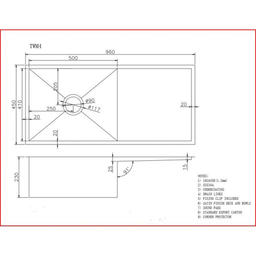 960x450x230mm ACA 1.2mm Handmade Top/Undermount 304 Stainless Steel Single Bowl Sink - HD reno