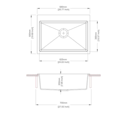 680*500*220mm Carysil Black Single Bowl Granite Stone Kitchen Sink Top/Under Mount - HD reno