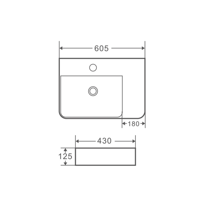 595*420mm MER Wall-hung Rectangular High Gloss White Basin L/H Bowl With Mixer Hole
