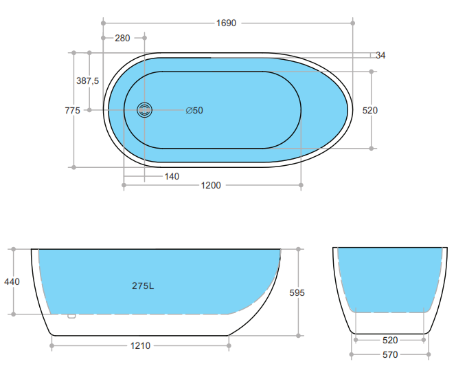 1690*775*585mm Poseidon VBT Gloss White/Gloss Black/Matt White Oval Acrylic Freestanding Bathtub