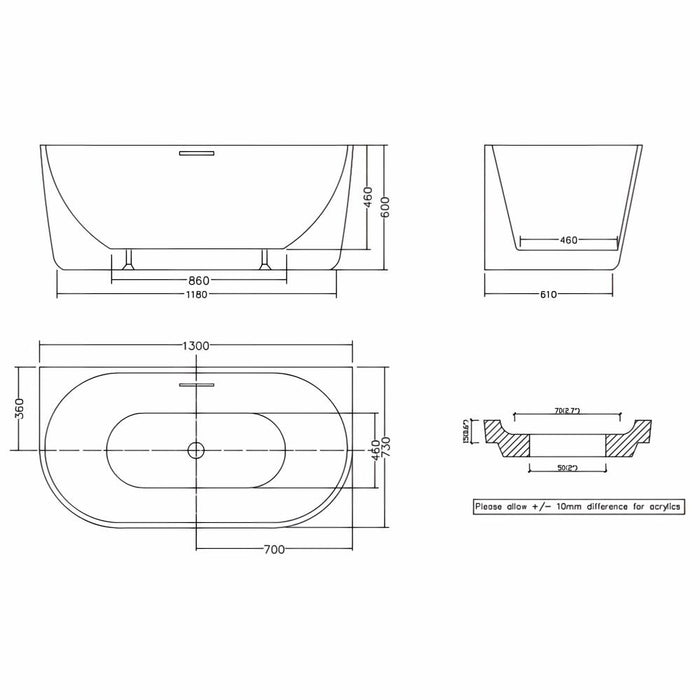 1300/1400/1500/1700*750*600m Infinity Venus White Acrylic Back to Wall Bathtub With Overflow