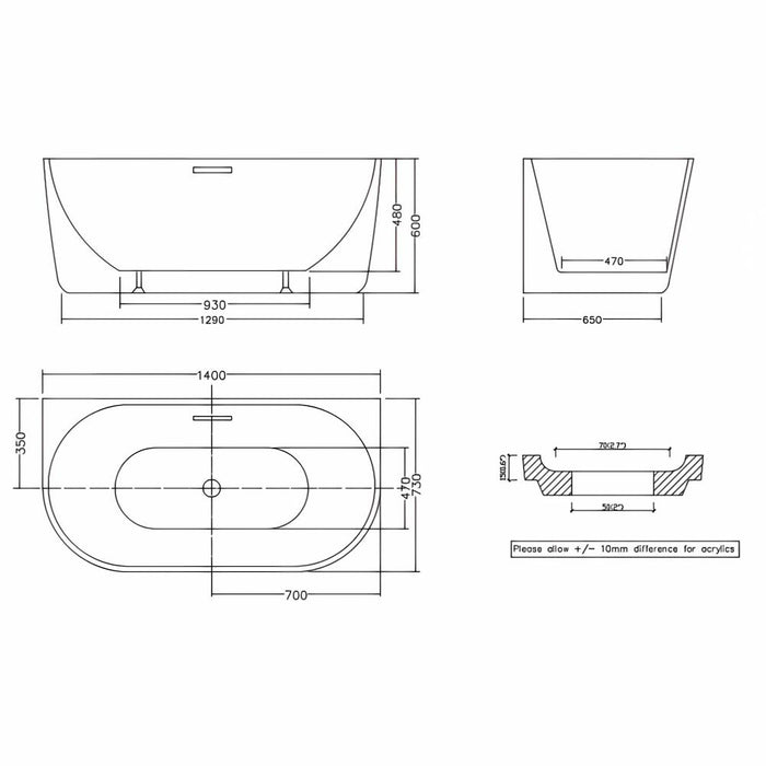 1300/1400/1500/1700*750*600m Infinity Venus White Acrylic Back to Wall Bathtub With Overflow
