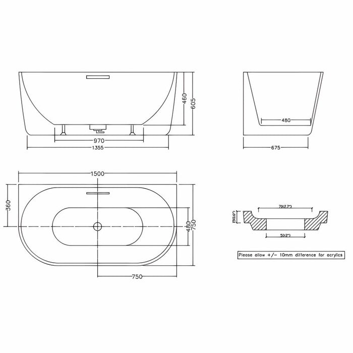1300/1400/1500/1700*750*600m Infinity Venus White Acrylic Back to Wall Bathtub With Overflow