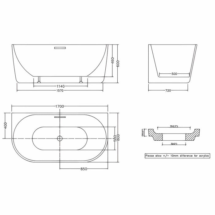 1300/1400/1500/1700*750*600m Infinity Venus White Acrylic Back to Wall Bathtub With Overflow