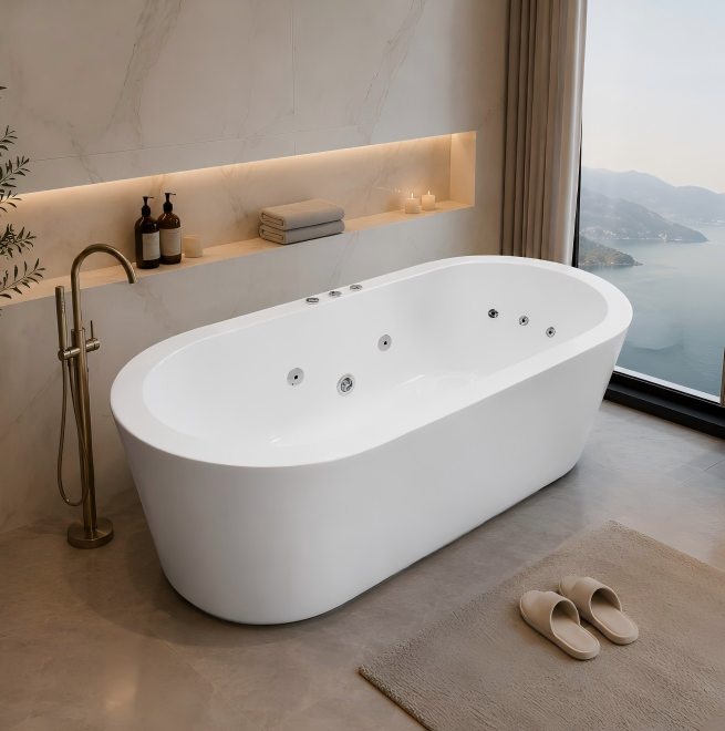 REDONDO 1500/1700*800*600mm White Oval 12 Jets Acrylic Freestanding Spa Bathtub