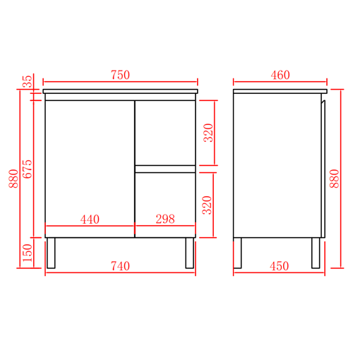 600-750*460mm Poly Gloss White Bathroom Left/Right Drawer Freestanding With Legs Vanity - HD reno