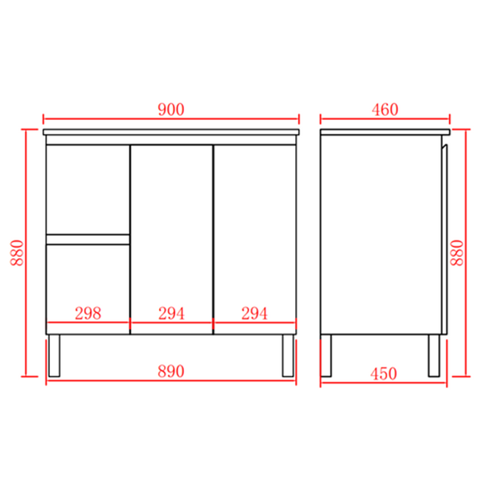 900-1500*460mm Poly White Bathroom Left/Right Drawer Freestanding With Kickboard Vanity - HD reno