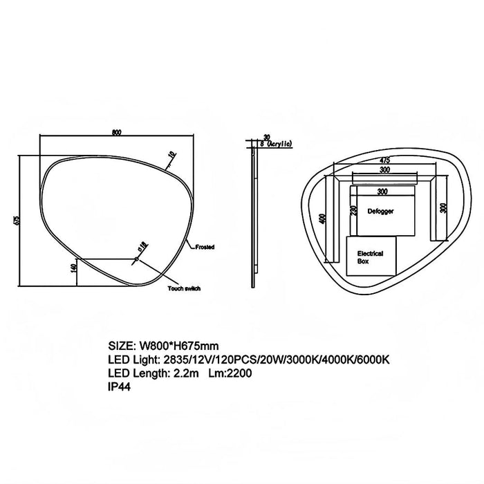 800-1000*mm Aquaperla Irregular 3 Color Lighting Touch Sensor Switch LED Mirror