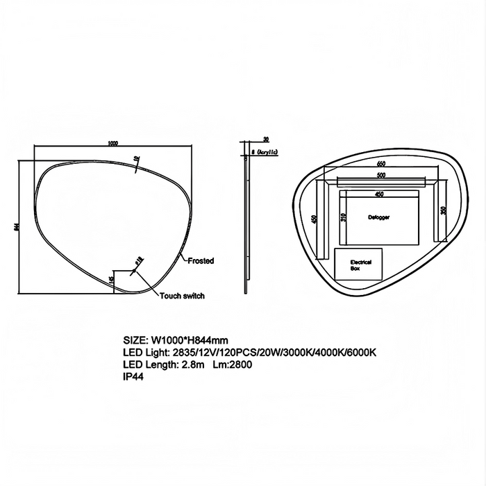 800-1000*mm Aquaperla Irregular 3 Color Lighting Touch Sensor Switch LED Mirror