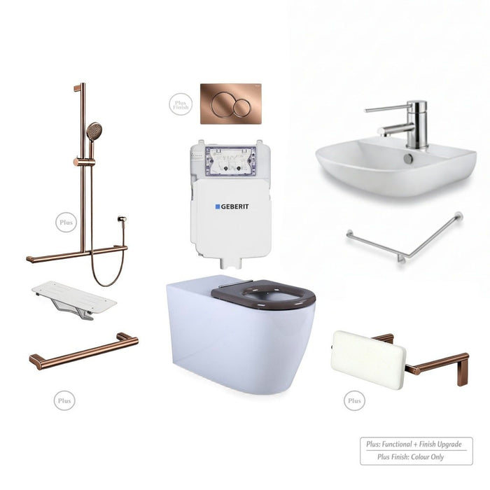 Left-Hand Accessible Care Bathroom Package – Shower, Toilet & Support System (Std & Plus - Brushed Copper)