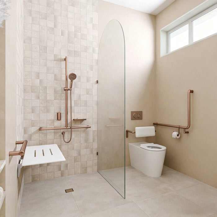 Left-Hand Accessible Care Bathroom Package – Shower, Toilet & Support System (Std & Plus - Brushed Copper)